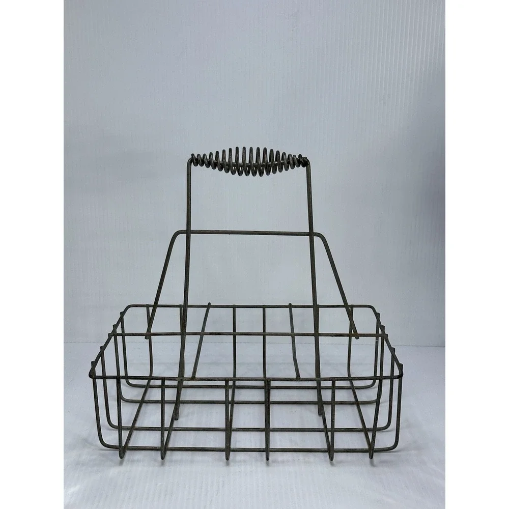 Vintage 4 Glass Milk Bottles 6 Slot Metal Carrier Crate Wire Basket Bottle 1 Lid